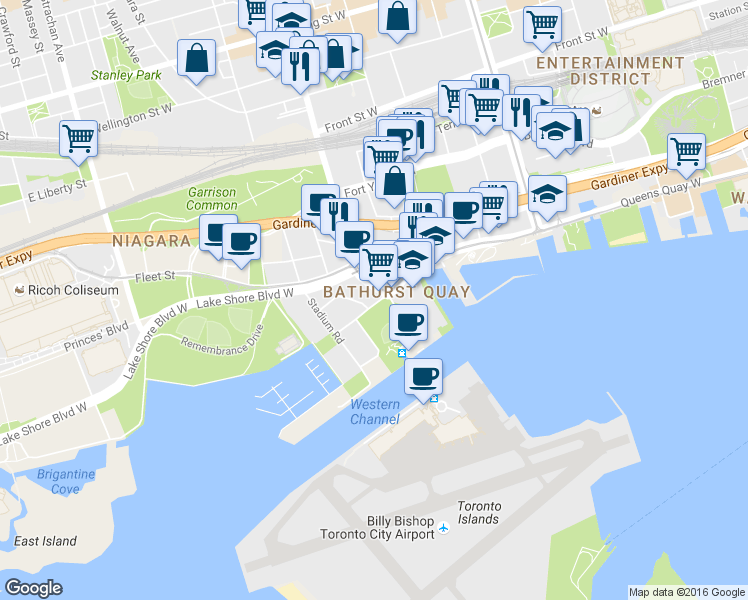 map of restaurants, bars, coffee shops, grocery stores, and more near 650 Queens Quay West in Toronto