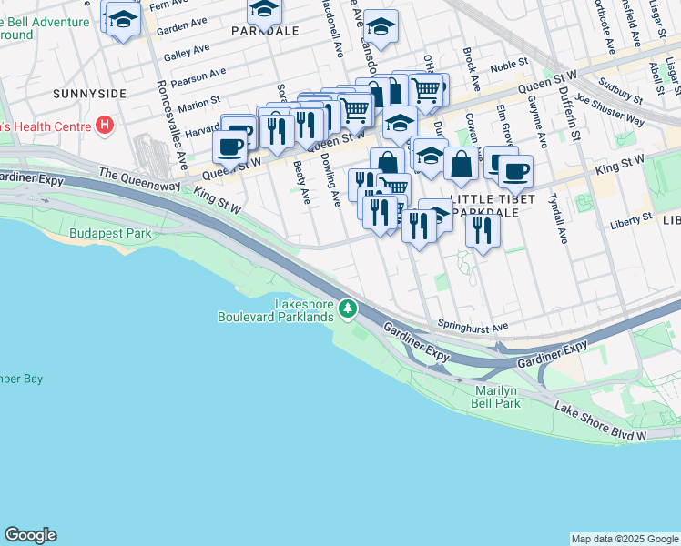 map of restaurants, bars, coffee shops, grocery stores, and more near 96 Dowling Avenue in Toronto