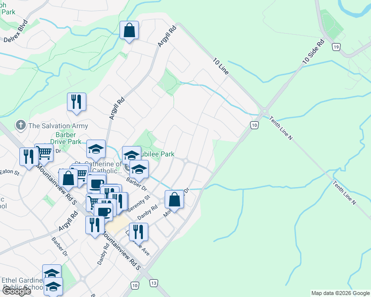 map of restaurants, bars, coffee shops, grocery stores, and more near 44 Hartwell Road in Halton Hills