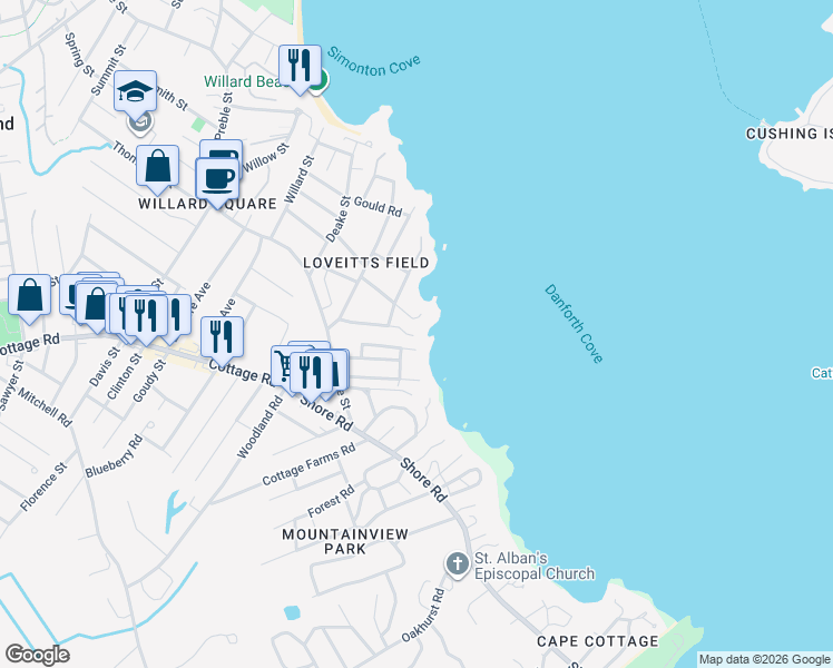 map of restaurants, bars, coffee shops, grocery stores, and more near 2 Ship Channel Road in South Portland