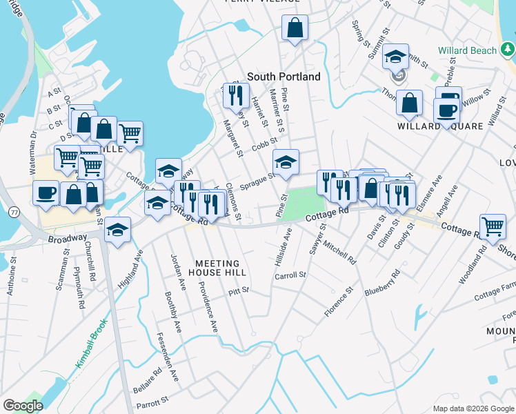map of restaurants, bars, coffee shops, grocery stores, and more near 244 Cottage Road in South Portland