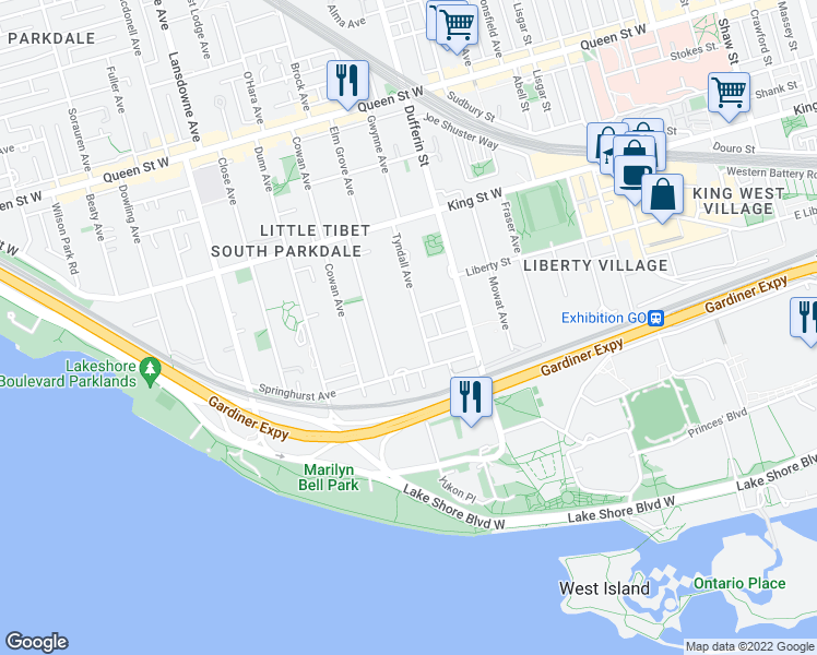 map of restaurants, bars, coffee shops, grocery stores, and more near in Toronto