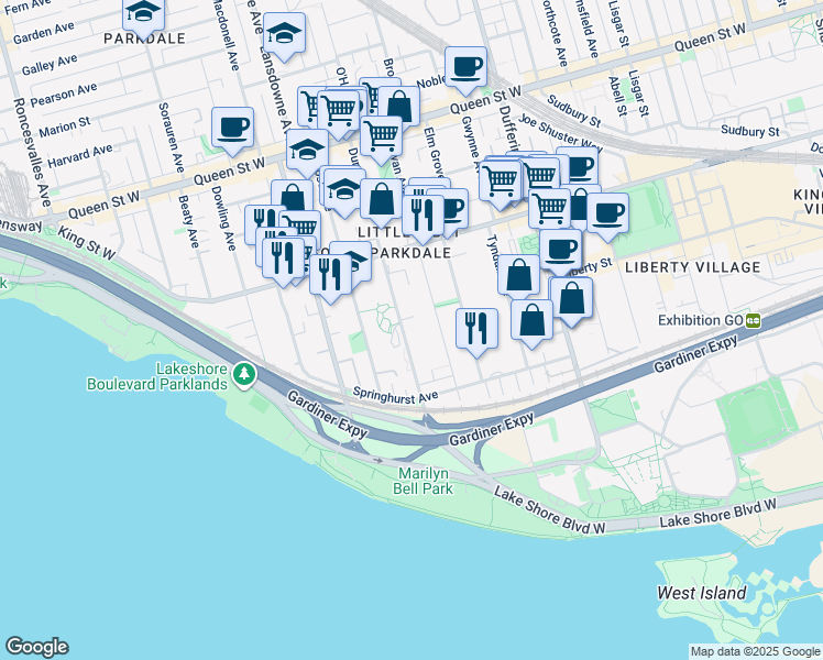 map of restaurants, bars, coffee shops, grocery stores, and more near in Toronto