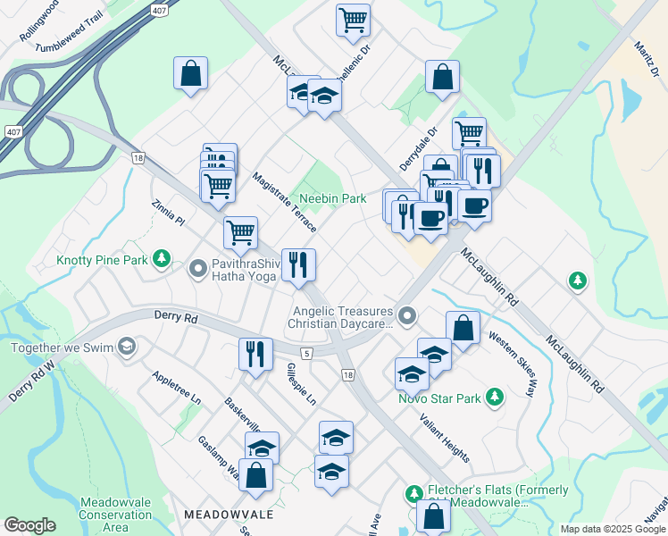 map of restaurants, bars, coffee shops, grocery stores, and more near in Mississauga