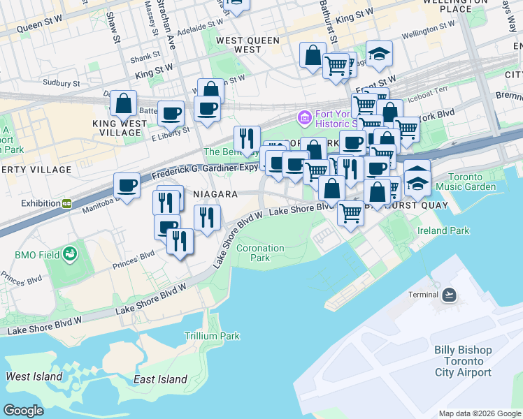 map of restaurants, bars, coffee shops, grocery stores, and more near 231 Fort York Boulevard in Toronto