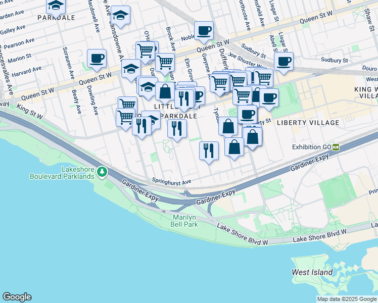map of restaurants, bars, coffee shops, grocery stores, and more near 46 Cowan Avenue in Toronto