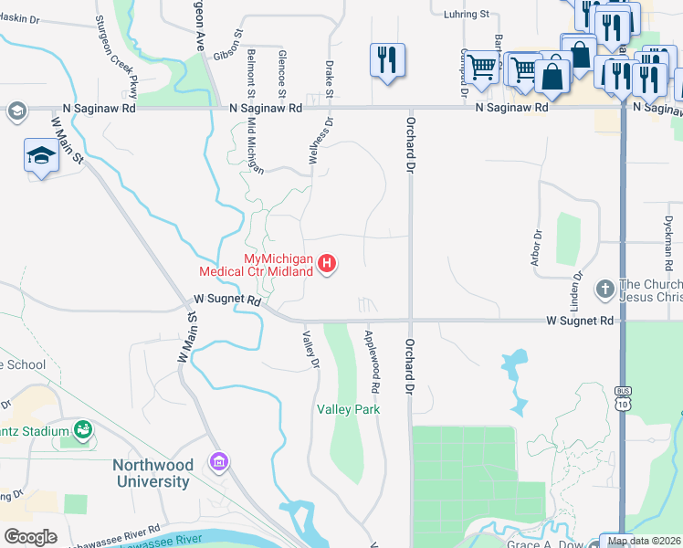 map of restaurants, bars, coffee shops, grocery stores, and more near in Midland