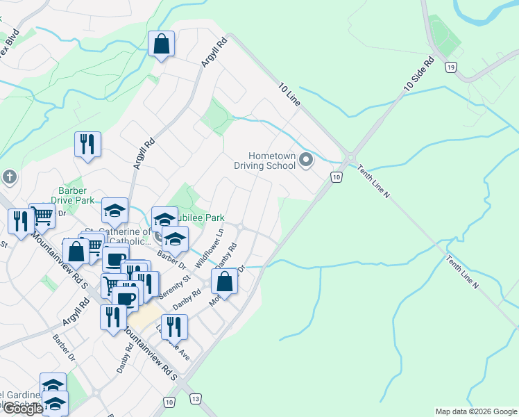 map of restaurants, bars, coffee shops, grocery stores, and more near 133 Morningside Drive in Halton Hills