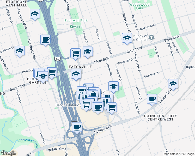 map of restaurants, bars, coffee shops, grocery stores, and more near in Toronto