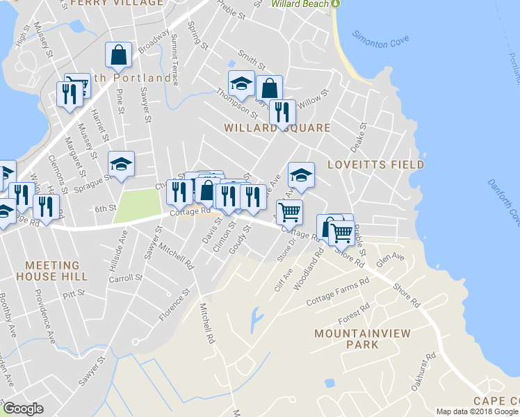 map of restaurants, bars, coffee shops, grocery stores, and more near 92 Elsmere Avenue in South Portland