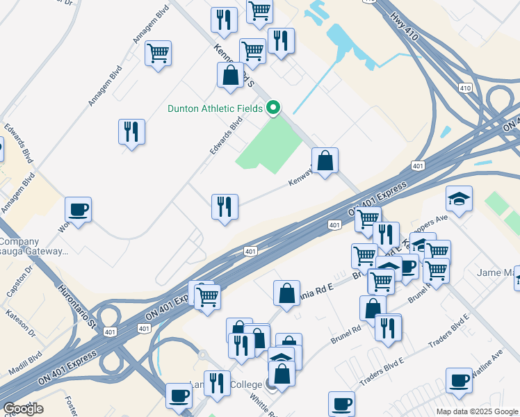 map of restaurants, bars, coffee shops, grocery stores, and more near 6200 Kenway Drive in Mississauga
