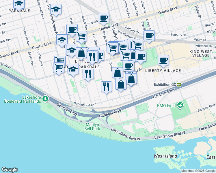map of restaurants, bars, coffee shops, grocery stores, and more near 47 Spencer Avenue in Toronto