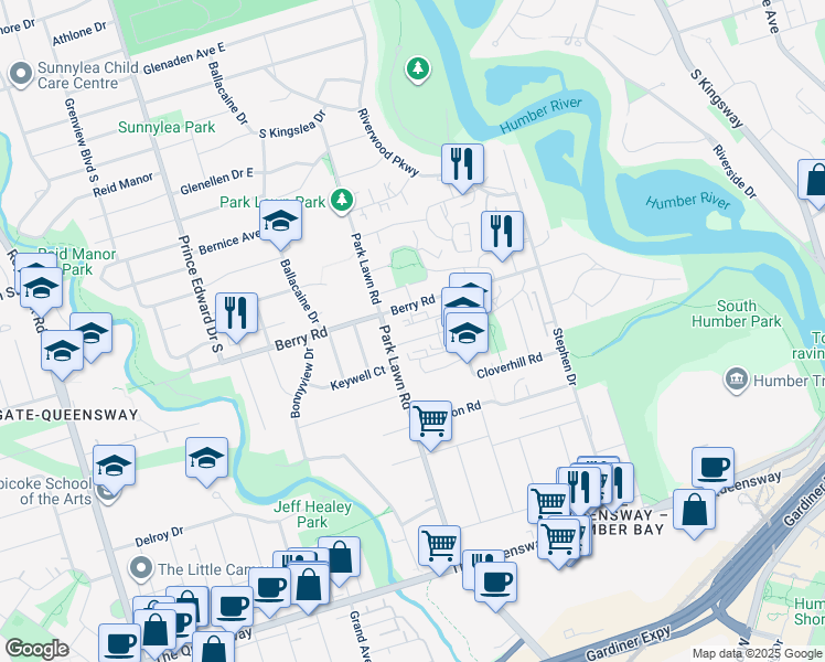 map of restaurants, bars, coffee shops, grocery stores, and more near 12 Kinsdale Boulevard in Toronto