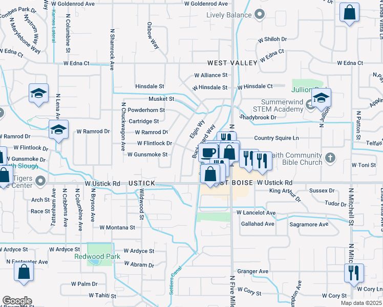 map of restaurants, bars, coffee shops, grocery stores, and more near 3300 Buckboard Way in Boise