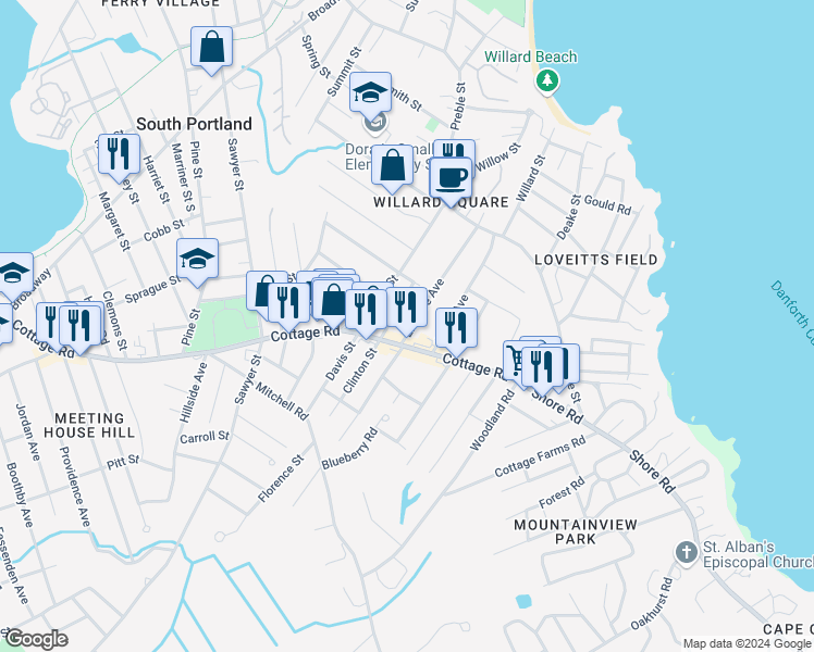 map of restaurants, bars, coffee shops, grocery stores, and more near 3 Goudy Street in South Portland