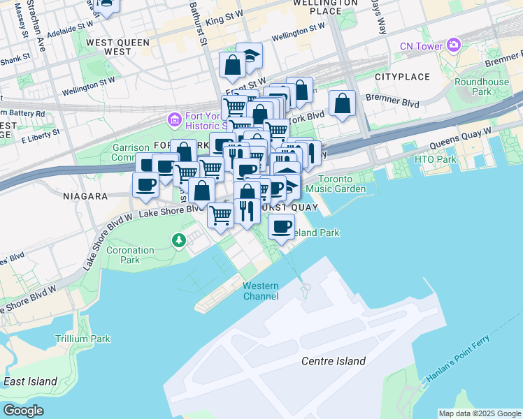 map of restaurants, bars, coffee shops, grocery stores, and more near in Toronto