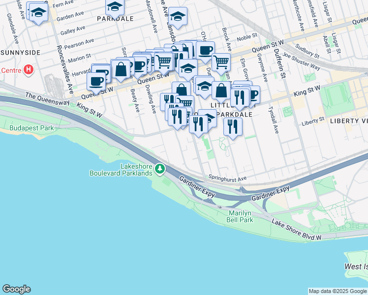 map of restaurants, bars, coffee shops, grocery stores, and more near in Toronto