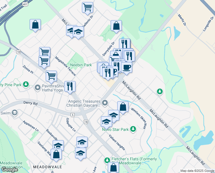 map of restaurants, bars, coffee shops, grocery stores, and more near 7086 Village Walk in Mississauga