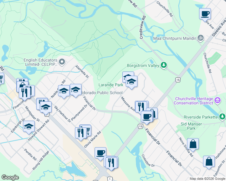 map of restaurants, bars, coffee shops, grocery stores, and more near 14 Larande Court in Brampton