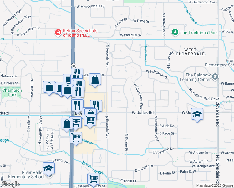 map of restaurants, bars, coffee shops, grocery stores, and more near 13351 West Broadleaf Street in Boise