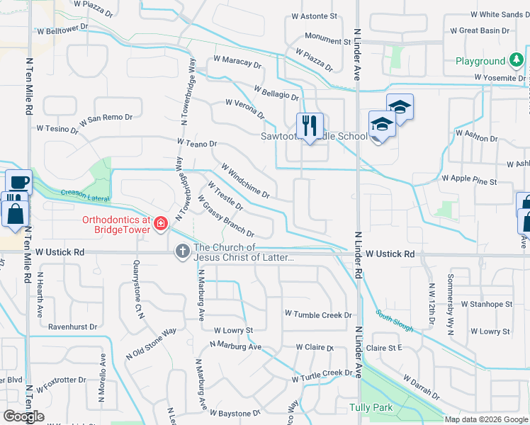 map of restaurants, bars, coffee shops, grocery stores, and more near 2042 West Grassy Branch Drive in Meridian