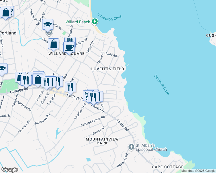 map of restaurants, bars, coffee shops, grocery stores, and more near 38 Danforth Road in South Portland