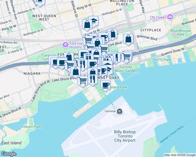 map of restaurants, bars, coffee shops, grocery stores, and more near 650 Queens Quay West in Toronto