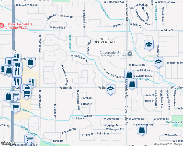 map of restaurants, bars, coffee shops, grocery stores, and more near 3332 North Campton Way in Boise