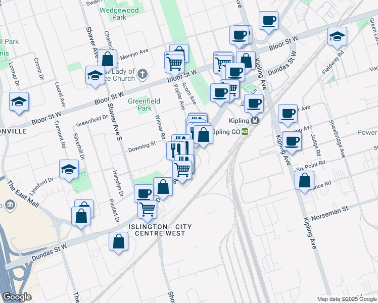 map of restaurants, bars, coffee shops, grocery stores, and more near in Etobicoke