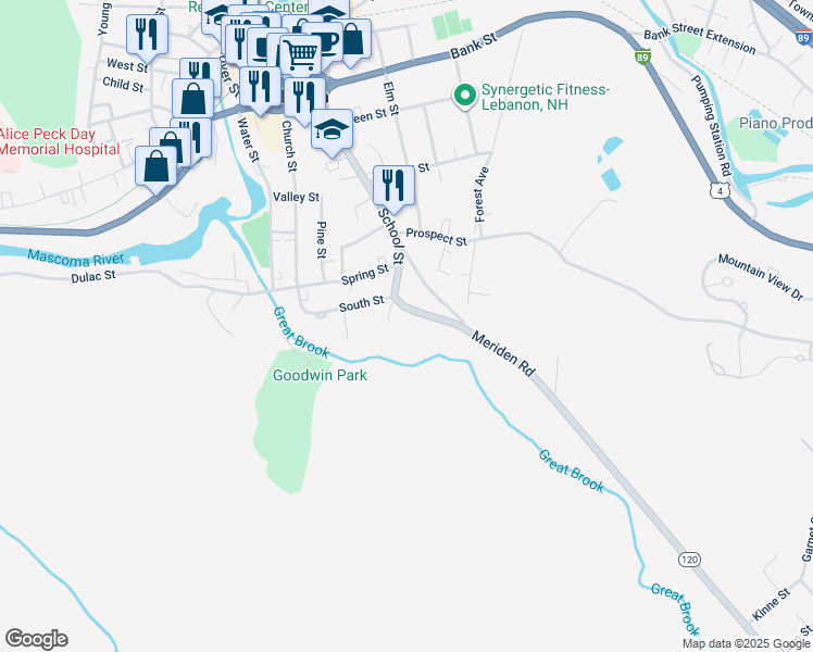 map of restaurants, bars, coffee shops, grocery stores, and more near 5 College Avenue in Lebanon