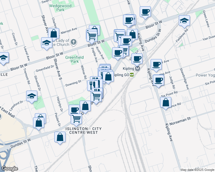 map of restaurants, bars, coffee shops, grocery stores, and more near 5359 Dundas Street West in Toronto