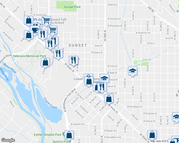 map of restaurants, bars, coffee shops, grocery stores, and more near 3006 West Bella Street in Boise