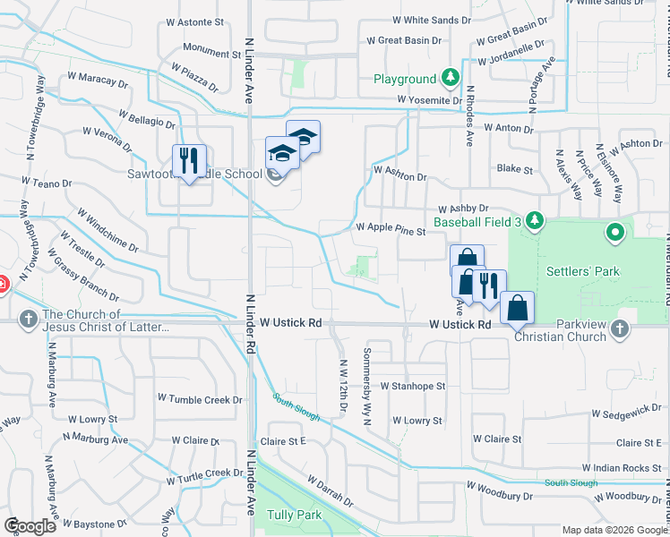 map of restaurants, bars, coffee shops, grocery stores, and more near 3507 Northwest 11th Avenue in Meridian