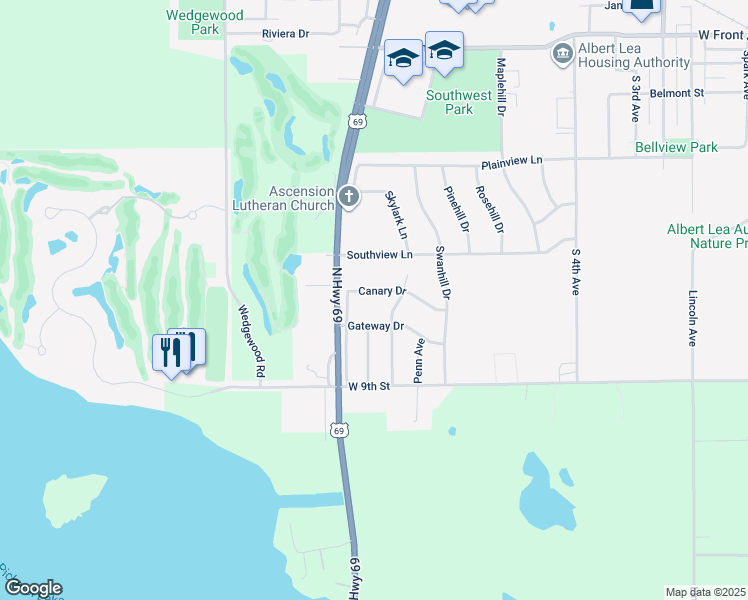 map of restaurants, bars, coffee shops, grocery stores, and more near 1722 Canary Drive in Albert Lea