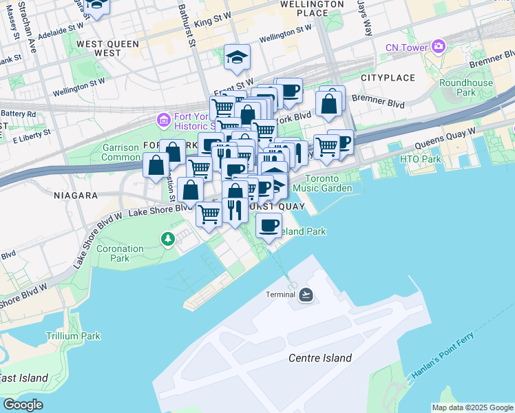 map of restaurants, bars, coffee shops, grocery stores, and more near Bathurst St & Queens Quay W in Toronto