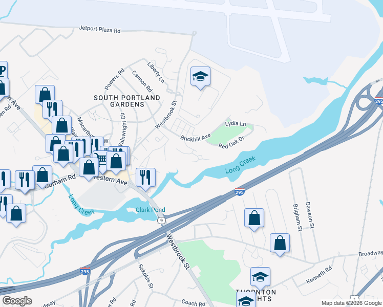 map of restaurants, bars, coffee shops, grocery stores, and more near 1 Red Oak Drive in South Portland