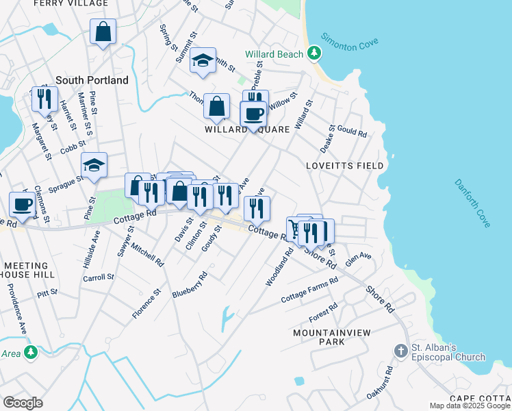 map of restaurants, bars, coffee shops, grocery stores, and more near 1 Coolidge Avenue in Portland