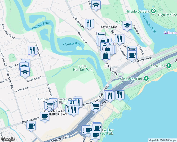 map of restaurants, bars, coffee shops, grocery stores, and more near 2083 Lake Shore Boulevard West in Toronto