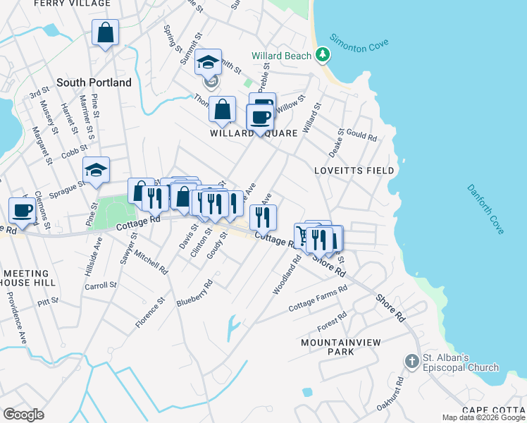 map of restaurants, bars, coffee shops, grocery stores, and more near 70 Angell Avenue in South Portland