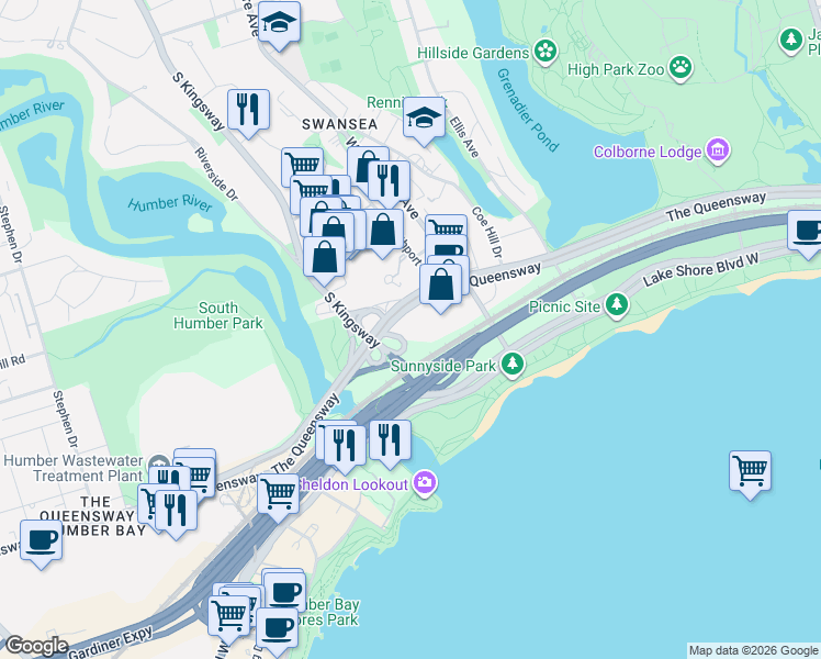 map of restaurants, bars, coffee shops, grocery stores, and more near 117A The Queensway in Toronto