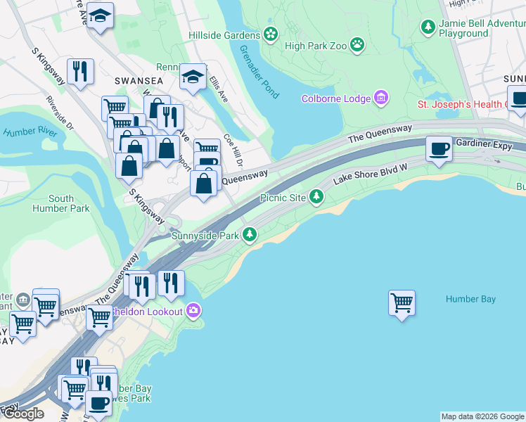 map of restaurants, bars, coffee shops, grocery stores, and more near 1926 Lake Shore Boulevard West in Toronto