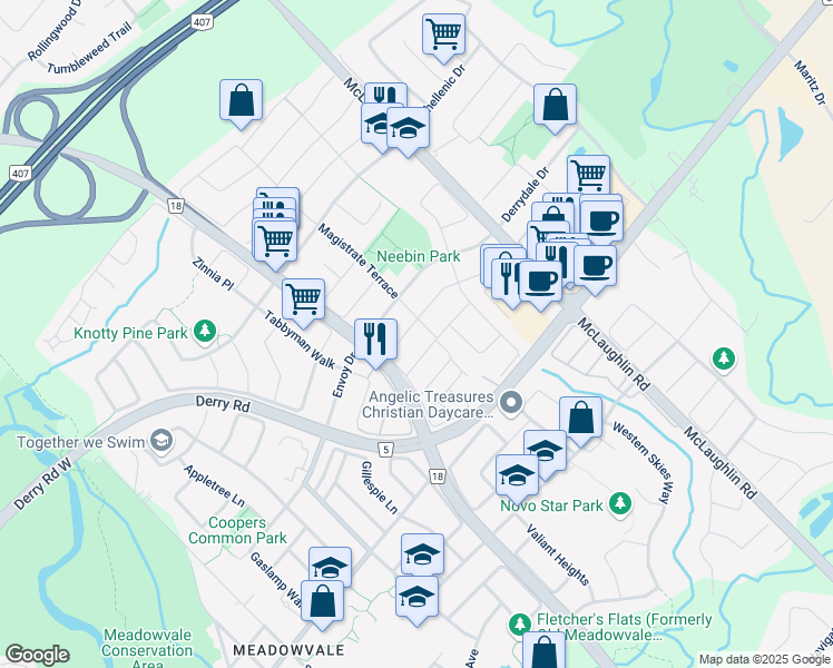 map of restaurants, bars, coffee shops, grocery stores, and more near 7036 Magistrate Terrace in Mississauga
