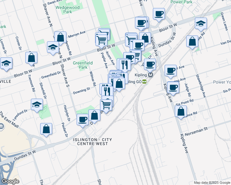 map of restaurants, bars, coffee shops, grocery stores, and more near 5365 Dundas Street West in Toronto