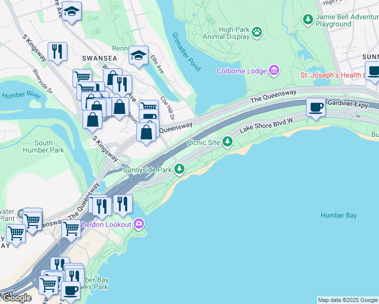 map of restaurants, bars, coffee shops, grocery stores, and more near 1928 Lake Shore Boulevard West in Toronto
