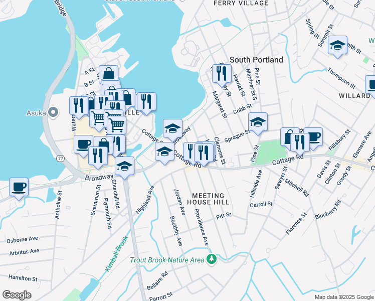 map of restaurants, bars, coffee shops, grocery stores, and more near 16 North Richland Street in South Portland