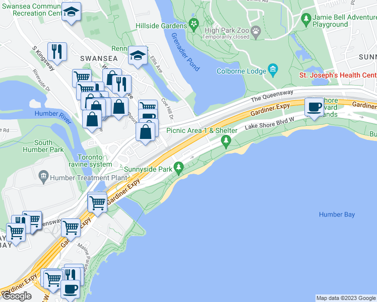 map of restaurants, bars, coffee shops, grocery stores, and more near in Toronto