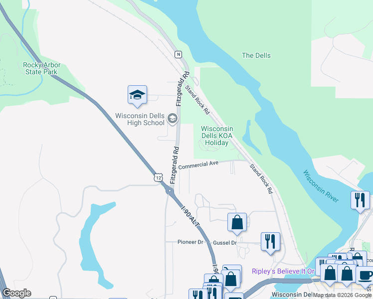 map of restaurants, bars, coffee shops, grocery stores, and more near S248A County Road A in Wisconsin Dells