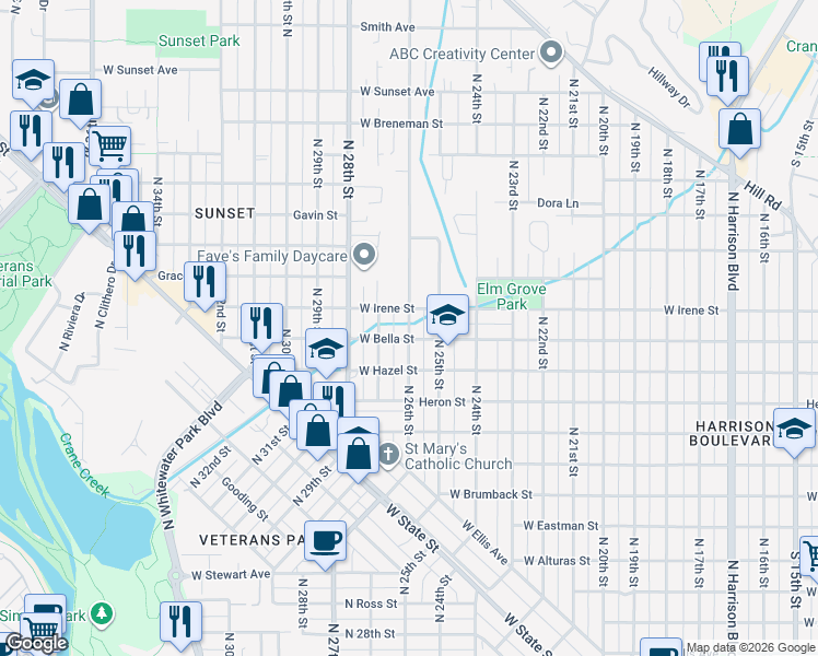 map of restaurants, bars, coffee shops, grocery stores, and more near North 26th Street in Boise