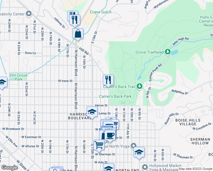 map of restaurants, bars, coffee shops, grocery stores, and more near 1305 West Irene Street in Boise