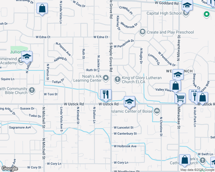 map of restaurants, bars, coffee shops, grocery stores, and more near 3457 North Maple Grove Road in Boise